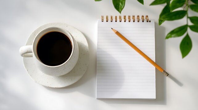 Minimalist workspace on a clean white desk with an open notebook, pencil, and coffee cup, representing focus, creativity, productivity, and simplicity in a modern home office setting.