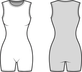 Sleeveless fitted romper bodysuit flat sketch front and back, vector fashion cad drawing for women, activewear style design