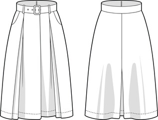 High waist pleated midi skirt flat sketch front and back, fashion cad drawing, vector illustration with belt and pockets