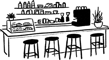 Naklejka premium Hand drawn sketch of a cozy bakery café with display counter and stools for design projects