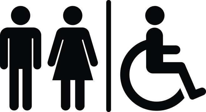 Male, Female, Handicap toilet sign. Male and female unisex toilet. Handicapped symbol. Bathroom sign isolated. man and woman in a wheelchair. 
