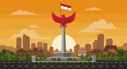 This vector image depicts the iconic Monas (National Monument) in Jakarta with a red bird soaring above, carrying the Indonesian flag.