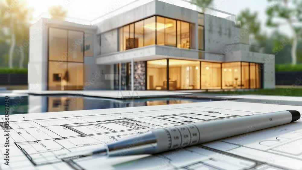 Poster a person's hand holds a pen above a detailed drawing of a house, suitable for various uses including