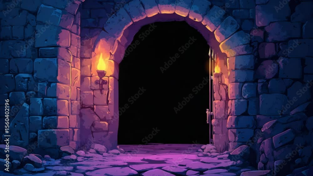 Poster A gate in a stone wall with a light at the end, suitable for use as an entrance or exit point in various settings