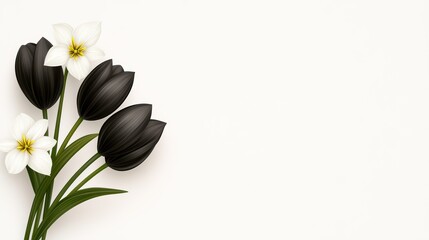 Elegant black and white flowers with green stems on a minimalist white background, creating a sophisticated and modern floral composition.