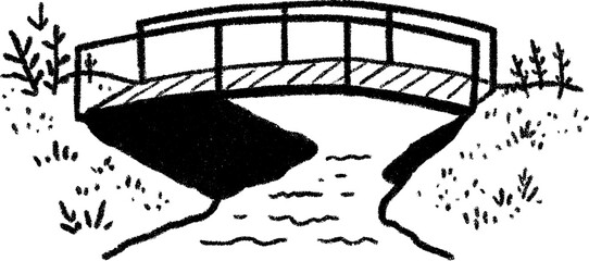 Hand-drawn sketch of a small footbridge over a forest stream
