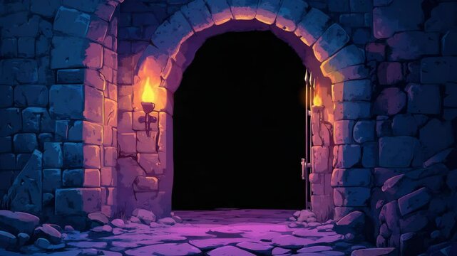 A gate in a stone wall with a light at the end, suitable for use as an entrance or exit point in various settings