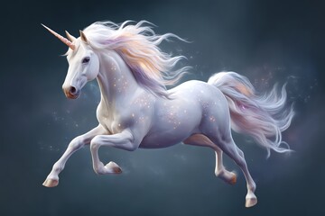 Naklejka premium Majestic unicorn prancing through a mystical landscape.