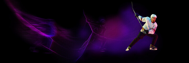 Ice hockey player in mid-action against a dramatic neon trail background, showcasing energy,...