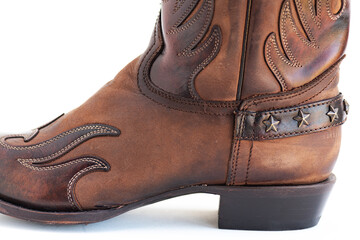 Detailed Cowboy Footwear Design. Ornate stitching and deep chestnut tones in handmade leather.