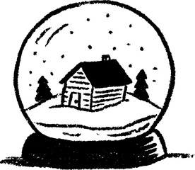 Winter wonderland snow globe sketch featuring a cozy cabin scene