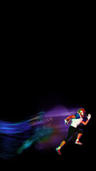 Helmeted young football player in sprint pose with vibrant neon trails, capturing speed, strength,...