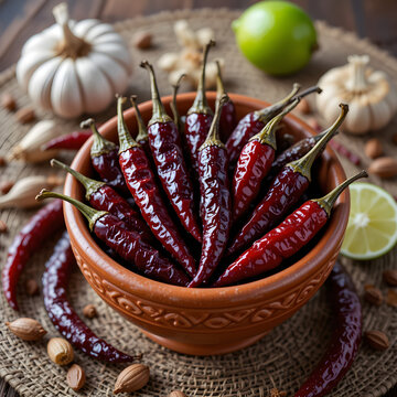 Mexican Dried Red Chilies (Guajillo, Ancho, Pasilla) in Clay Bowl A vibrant clay bowl filled with assorted dried Mexican chilies 