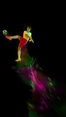 Teen soccer player mid-kick, glowing green-magenta light trails follow the motion, symbolizing...