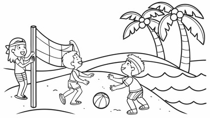 Line art coloring page, summer theme, a group of friends playing volleyball on a sandy beach, beach ball, net, palm trees in the background, simple lines, no shading, black and white