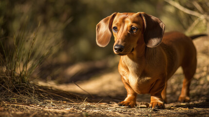 A dachshund walking or standing outdoors in a natural setting, cute short leg dog enjoying fresh air, loyal pet in scenic landscape, perfect for animal and lifestyle themes.