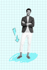 Trendy 3d poster image photo collage of inexperienced businessman stand arrow crack doodle decline...