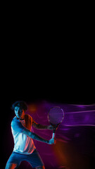 Male tennis athlete prepares to strike with powerful stance and glowing trail, symbolizing speed...