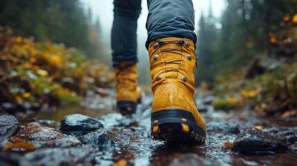 Vibrant yellow boots contrast strikingly with the greens and browns of a wet forest path