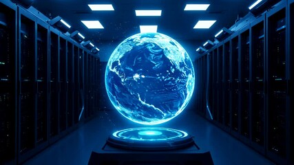 Global Data Hub A futuristic server room with holographic Earth, symbolizing global network and connectivity. - Powered by Adobe