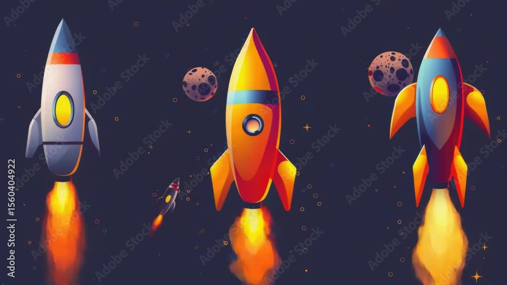 Poster a group of rockets soaring through the sky, great for use in sci-fi or action scenes