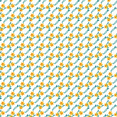 Seamless Pattern of Yellow Flowers with Green Stems on White Background