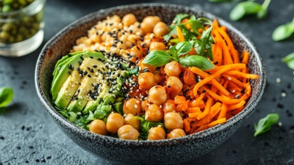 A dish with avocado, chickpeas and carrots on a dark background, good for healthy eating articles and cooking blogs.