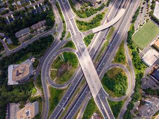 Aerial View of Busy Highway Interchange. Modern transportation network in suburban Virginia.
