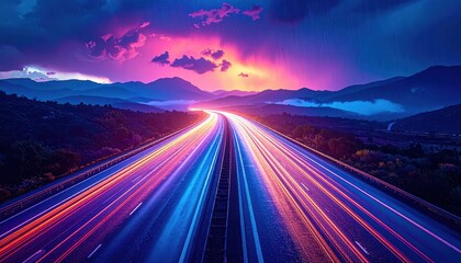 Glistening Deserted Highway Under Rain-Blurred Lights at Dusk