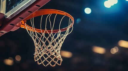 Basketball hoop with net in close-up. Suitable for articles about sports and sporting events.