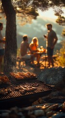 Fototapeta premium A family enjoying a barbecue outdoors on a warm evening. Travel and cooking blogs.