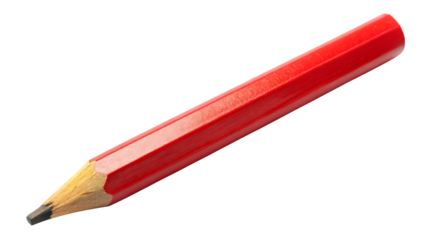 Red carpenter pencil with flat body and graphite tip on black background isolated on a transparent background
