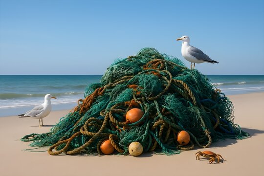Abandoned ghost fishing net tangled with ropes and floats washed up on a sandy beach, with seagulls and a crab nearby, highlighting the impact of marine debris and ocean pollution on coastal wildlife.