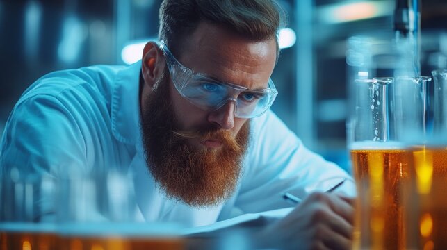 A scientist in a lab examining beer samples. Suitable for articles about brewing and scientific research.