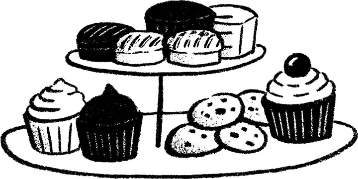 Charming dessert table sketch featuring cupcakes and cookies with textured brushstrokes