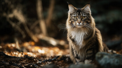 Obraz premium A Maine Coon cat resting outdoors, large fluffy feline with majestic fur and natural charm, perfect for pet, animal, and wildlife themes in photography.