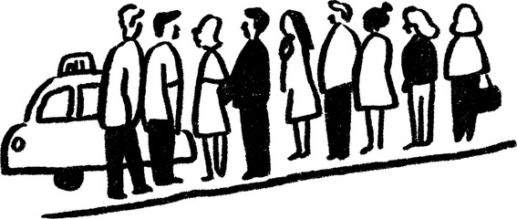 Urban scene of taxi queue on narrow sidewalk