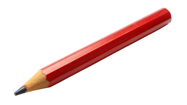 Red carpenter pencil with flat body and sharpened graphite tip isolated on a transparent background image