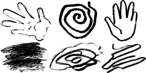 Artistic sketches of tiny hands and gripping gestures with abstract designs