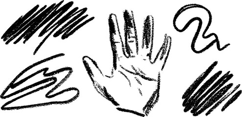 Fototapeta premium Artistic sketch of tiny hand signs and gripping hand for creative design