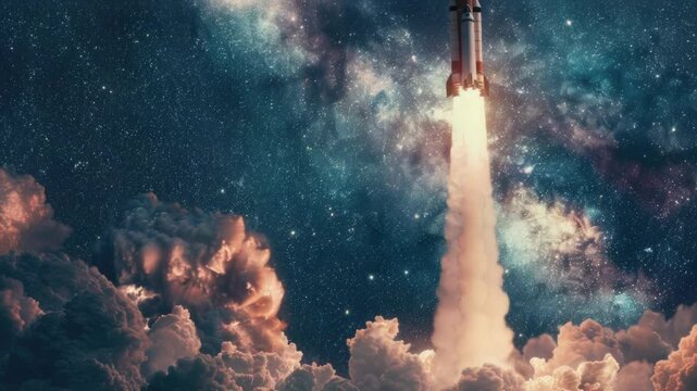 A space shuttle blasts off into the sky, leaving a trail of smoke behind
