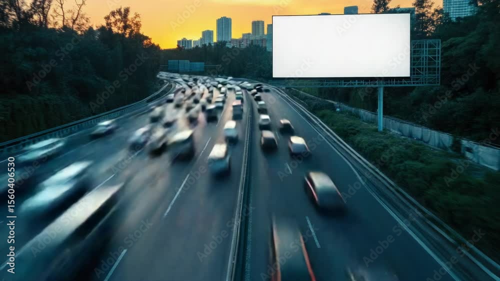 Poster highway scene with many cars moving, suitable for use in travel or transportation-related projects