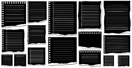 Collection of black torn paper sheets with white horizontal lines and spiral binding holes on a white background
