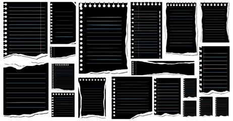 Collection of torn black lined paper sheets with spiral binding holes and subtle colored horizontal lines on white background