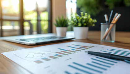 Business workspace featuring financial graphs, a laptop, potted plants, and writing utensils on a wooden desk.