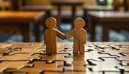 Two wooden figures holding hands stand on a completed jigsaw puzzle, symbolizing partnership and collaboration.