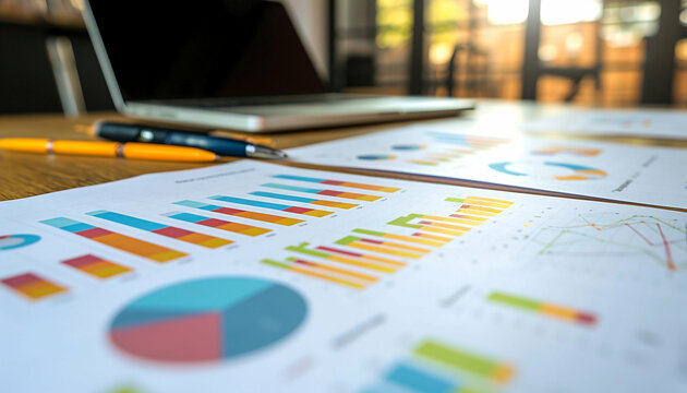 Business documents with charts and graphs on a wooden table.