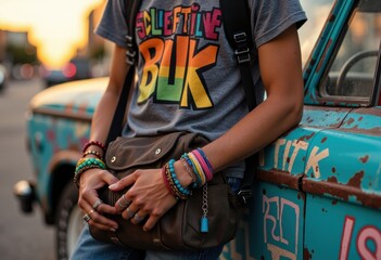 Young woman with colorful bracelets and a graphic t-shirt stands next to a vintage car in an urban setting