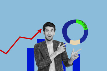 Image pop 3d zine full collage of happy businessman businesswoman stand arrow development career chance promotion employee