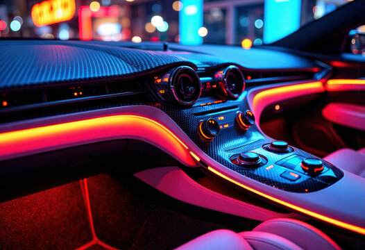 Interior of a modern car illuminated with vibrant neon lighting at night